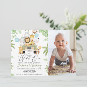 Invitación Foto Safari Green Car Wild One First Birthday