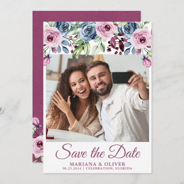 Invitación Foto Save the Date Azul Marino Burgundy Floral (Anverso / Reverso)