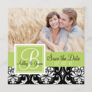 Invitación Foto Save the Date Black Damask First Green