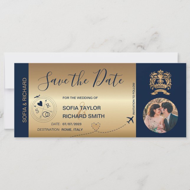 Invitación Foto Save the Date Boarding Pass Ticket Gold (Anverso)