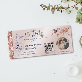 Invitación Foto Save the Date Boarding World Map QR