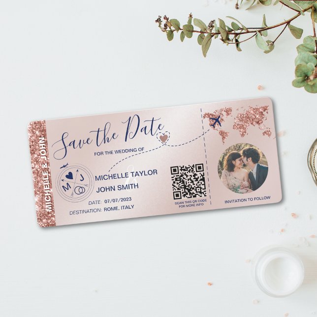 Invitación Foto Save the Date Boarding World Map QR (Subido por el creador)