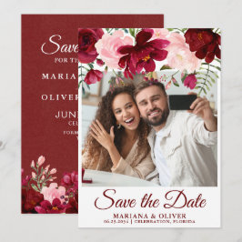 Invitación Foto Save the Date Card Burgundy Pink Floral