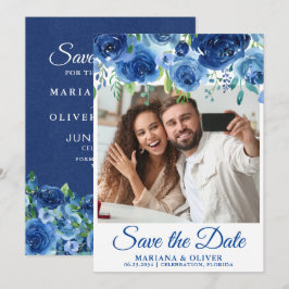 Invitación Foto Save the Date Card Navy Blue Floral