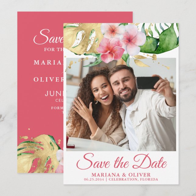 Invitación Foto Save the Date Card Tropical Palms Floral (Anverso / Reverso)