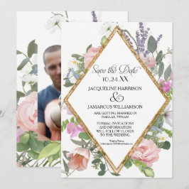 Invitación Foto Save the Date Gold Purpurina Romantic Floral