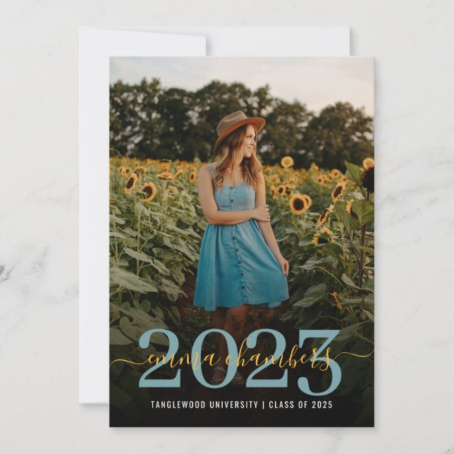Invitación Foto Script Overlay Sunflowers Graduation Party (Anverso)