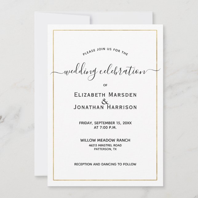 Invitación Foto Sencillo guión elegante Boda negro y oro (Anverso)