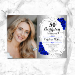 Invitación Foto Silver White Royal Blue 50 cumpleaños<br><div class="desc">Elegante invitación de 50 años floral femenina con tu foto. Diseño de vidrio con plata falsa. Presenta rosas de color azul real, fuente de escritura y confeti. Perfecto para un elegante fiesta de celebración de cumpleaños. Personaliza con tus propios detalles. ¡Se puede personalizar para cualquier edad! Invitaciones Zazzle impresas o...</div>