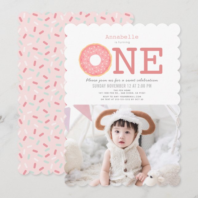 Invitación Foto simple de Chica rosado de Donut Primer cumple (Anverso / Reverso)