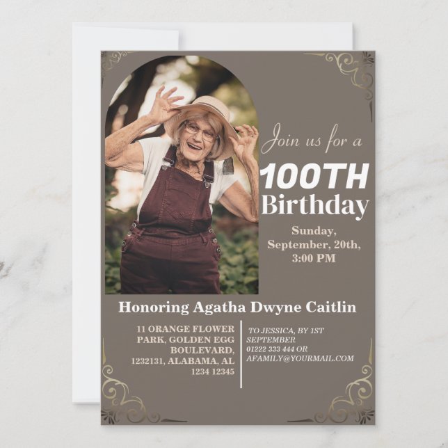 Invitación Foto simple de fiesta de cumpleaños 100 de la fami (Anverso)