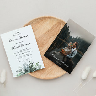 Invitación Foto simple de hoja verde Boda blanco negro