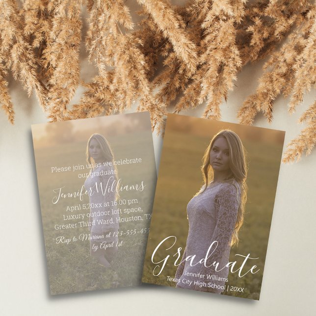 Invitación foto simple fiesta de graduación caligrafía blanca (Subido por el creador)