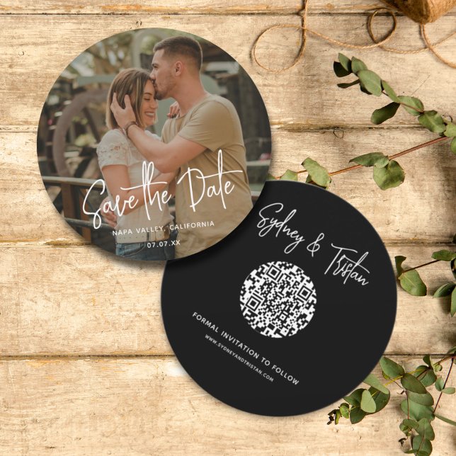 Invitación Foto simple moderna Guardar la fecha Boda de códig (Modern Simple Photo Save the Date Wedding Invitation with Round QR Code Wedding Invite, Front /Back)