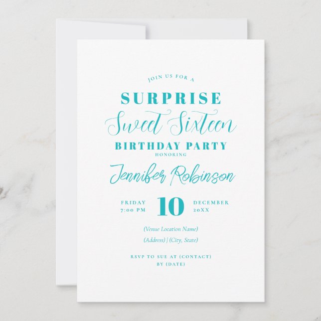 Invitación Foto simple turquesa SORPRESA dulce 16 (Anverso)