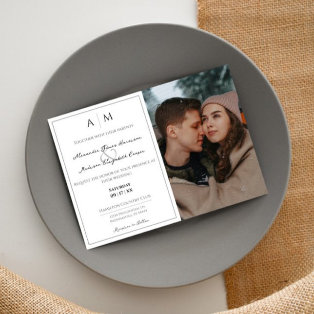 Invitación Foto simple y Boda blanco monograma (White Simple Photo and Monogram Wedding Invitation)