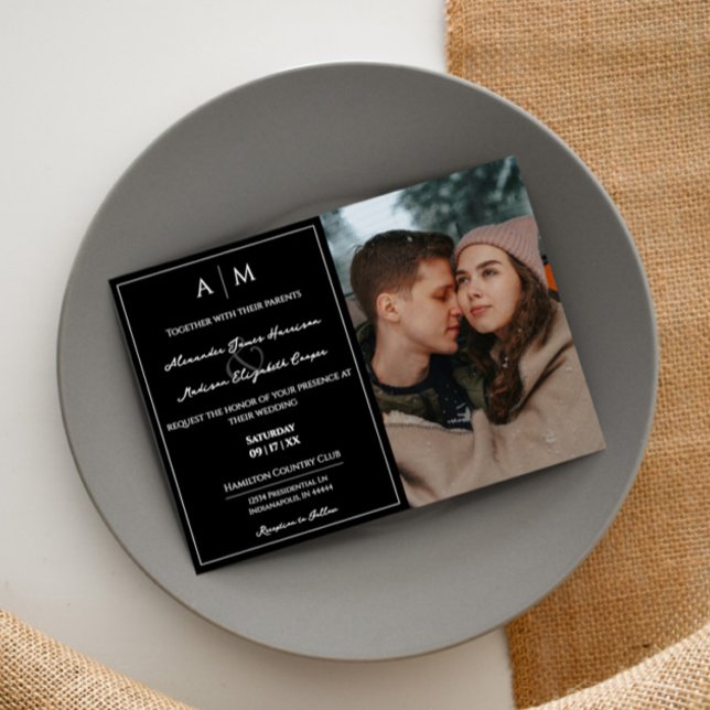 Invitación Foto simple y Boda negro monograma (Black Simple Photo and Monogram Wedding Invitation)