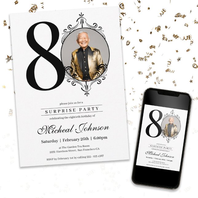 Invitación Foto simple y elegante Sorpresa 80 cumpleaños fies (Simple Elegant Photo Surprise 80th Birthday Party Invitation)