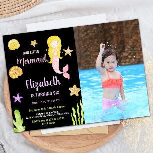 Invitación Foto Sirena Rosa Cumpleaños Pequeña Sirenita