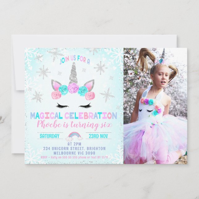 Invitación Foto Snowflakes Winter Unicorn Face Birday (Anverso)