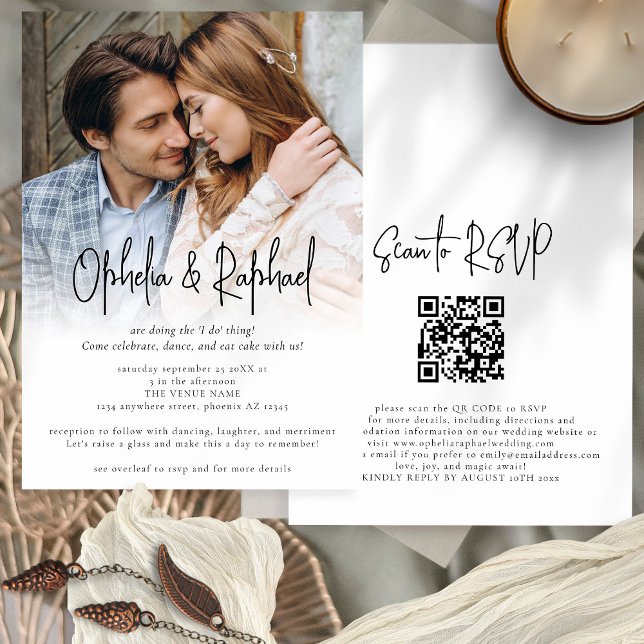 Invitación Foto Sobrecarga Guión informal Código QR Boho Boda (Front and back view)
