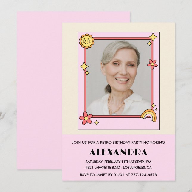 Invitación Foto Sol Arcoíris Retro Rosa Cumpleaños 72 (Anverso / Reverso)