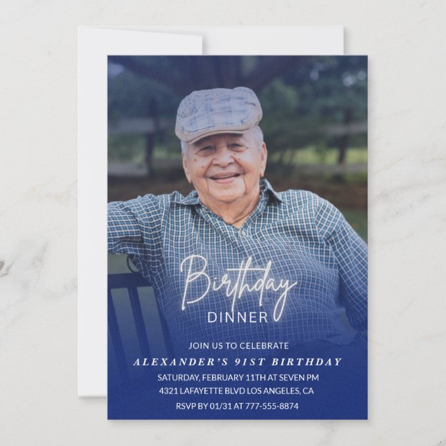 Invitación Foto Sombra azul Cumpleaños Cena 91 cumpleaños (Anverso)