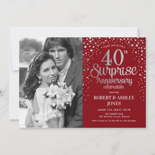 Invitación Foto Sorpresa 40° aniversario - Plata roja rubí (Anverso)