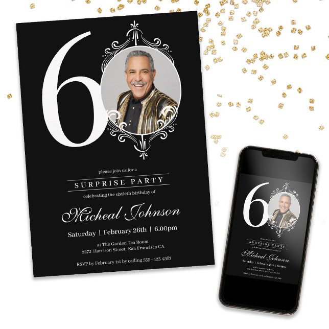 Invitación Foto Sorpresa 60º fiesta de cumpleaños (Photo Surprise 60th Birthday Party Invitation)