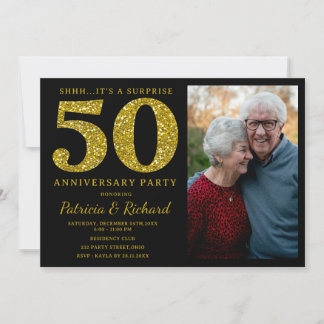 Invitación Foto sorpresa de aniversario 50 con brillo de oro