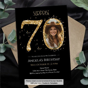 Invitación Foto sorpresa de cumpleaños 70 con brillo dorado