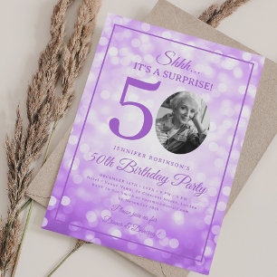 Invitación Foto sorpresa morada Cumpleaños 50 Glam Lights