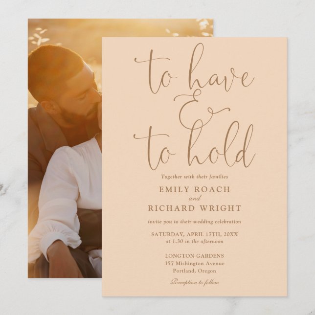 Invitación Foto suave melocotón boda Para tener y mantener (Anverso / Reverso)