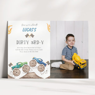 Invitación Foto sucia del 3er cumpleaños del Monster Truck 3r