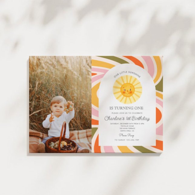Invitación Foto Sun Rainbow Retro Boho Wavy Primer cumpleaños (Subido por el creador)