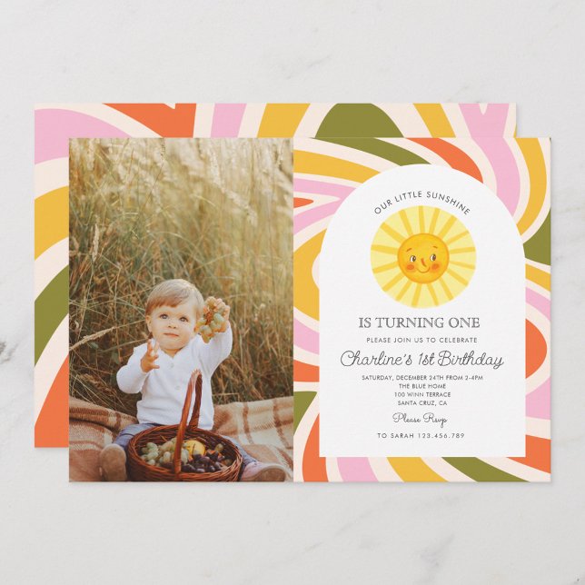 Invitación Foto Sun Rainbow Retro Boho Wavy Primer cumpleaños (Subido por el creador)