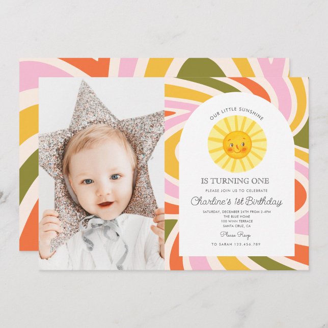Invitación Foto Sun Rainbow Retro Boho Wavy Primer cumpleaños (Subido por el creador)