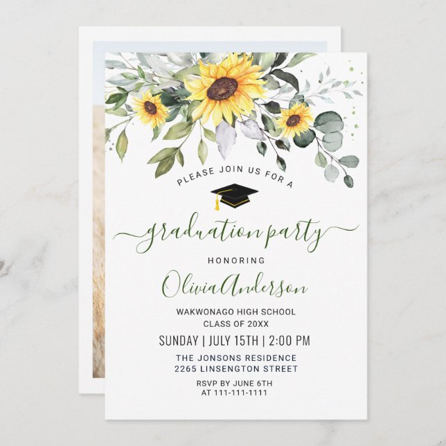 Invitación Foto Sunflowers Fiesta de Graduación de Eucalyptus (Anverso / Reverso)