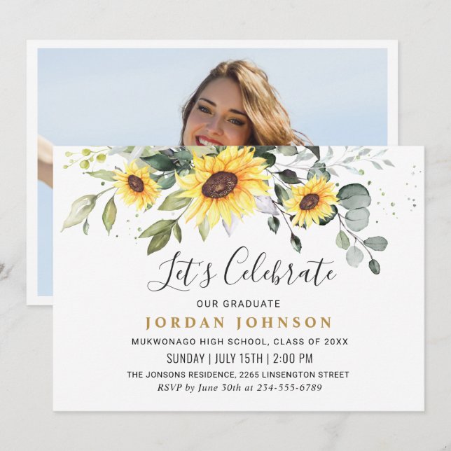 Invitación Foto Sunflowers Fiesta de Graduación de Eucalyptus (Anverso / Reverso)