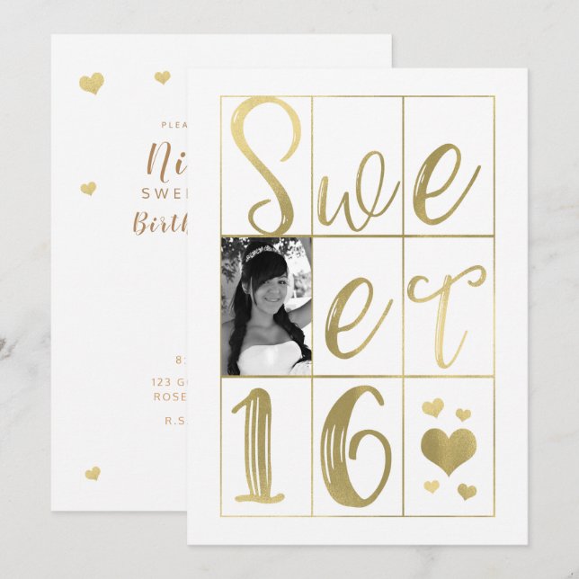 Invitación Foto SWEET 1616Oro y Corazón Blanco (Anverso / Reverso)