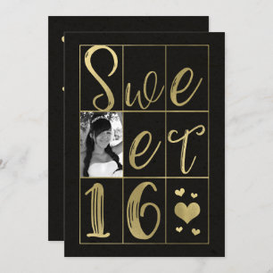 Invitación Foto SWEET 1616Oro y Corazón Negro