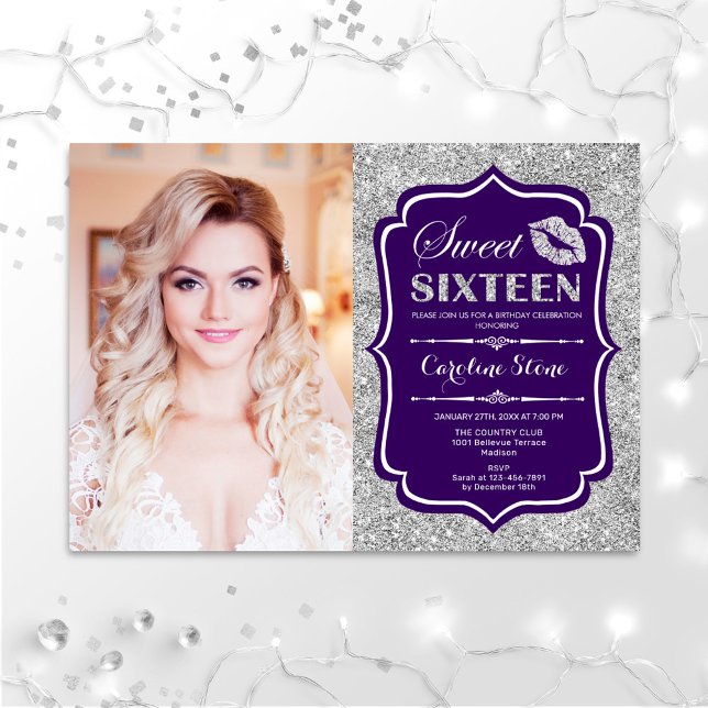 Invitación Foto Sweet 16 Cumpleaños - Kiss Purple Silver (Subido por el creador)