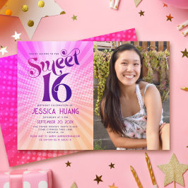 Invitación Foto Sweet 16 Groovy Naranja Rosa Gradiente Retro