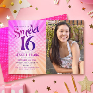 Invitación Foto Sweet 16 Groovy Naranja Rosa Gradiente Retro