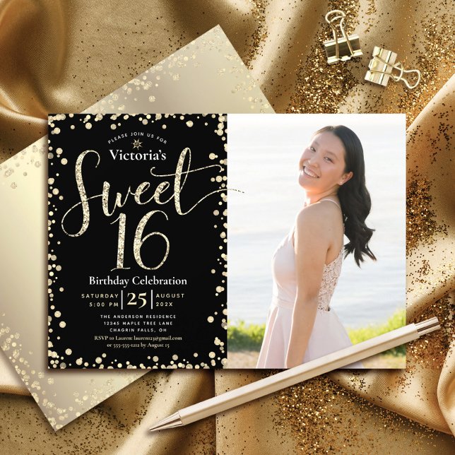 Invitación Foto Sweet 16 Purpurina negro de oro moderno Cumpl (Subido por el creador)