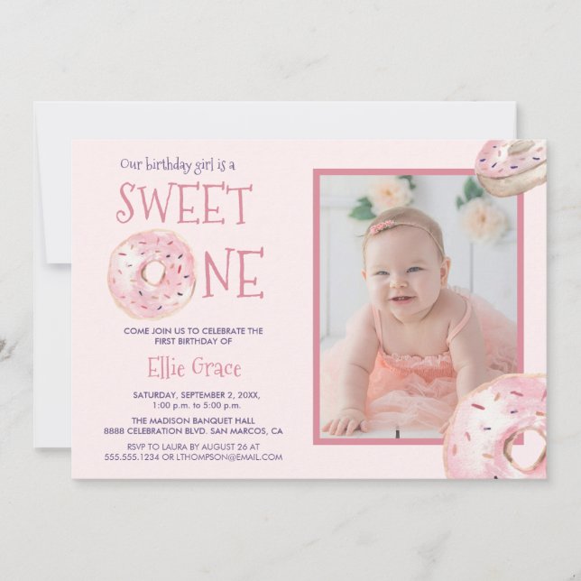 Invitación Foto temática Sweet One Donut Primer cumpleaños (Anverso)