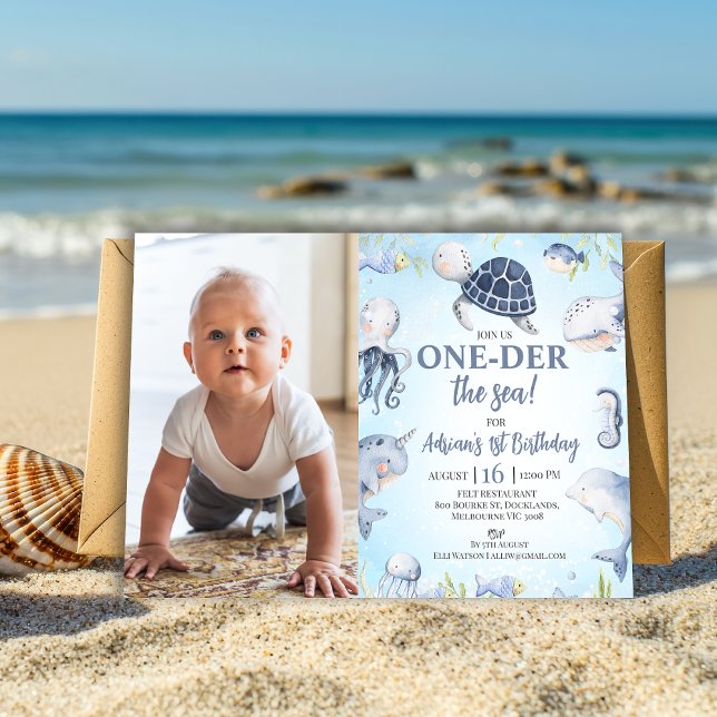 Invitación Foto Tortuga azul del mar Un día antes El mar Prim (Editable Sea Turtle Oneder The sea 1st Birthday Invitation Boy, Ocean Themed First Birthday Invite)