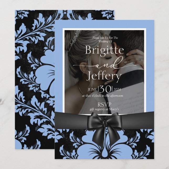 Invitación Foto tradicional floral azul (Anverso / Reverso)