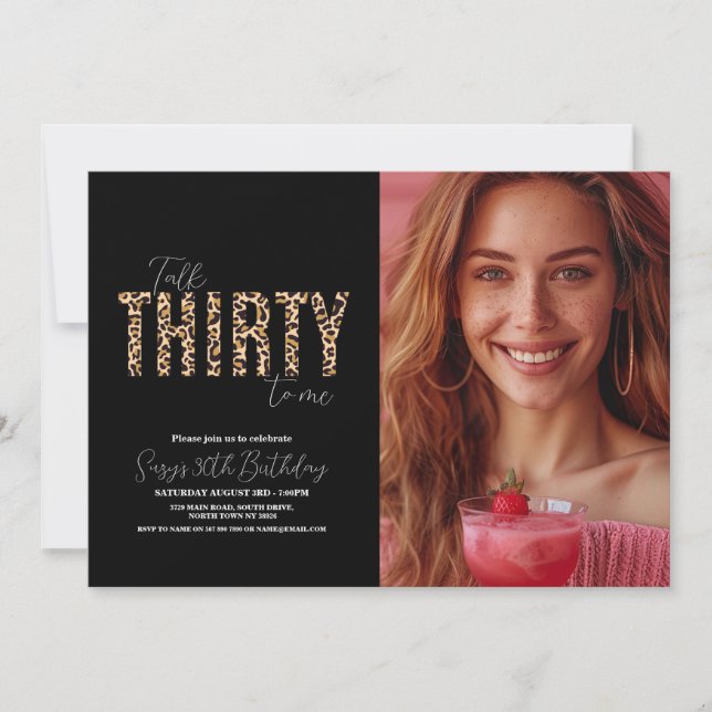 Invitación Foto: Treinta para mí, cumpleaños de mujeres leopa (Anverso)