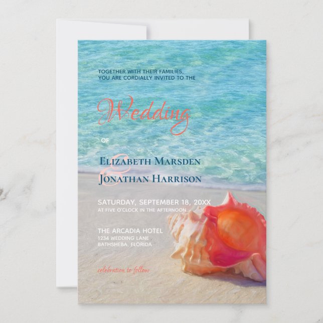 Invitación Foto Tropical Beach Conch Shell Boda moderno (Anverso)
